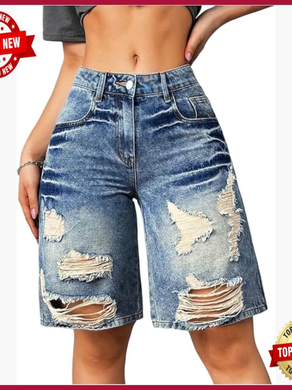 Distressed Raw Hem Bermuda Denim Shorts Mid Rise Jean Streetwear